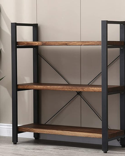 3 Tier Bookcase, Solid Wood Bookshelf Rustic Vintage Industrial Etagere Bookcase, Metal and Wood Free Vintage Bookshelf, Retro Brown (Real Wood) (3-Tier) - LeafyLoom