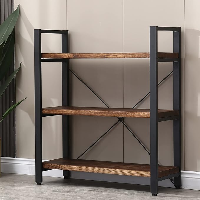 3 Tier Bookcase, Solid Wood Bookshelf Rustic Vintage Industrial Etagere Bookcase, Metal and Wood Free Vintage Bookshelf, Retro Brown (Real Wood) (3-Tier) - LeafyLoom