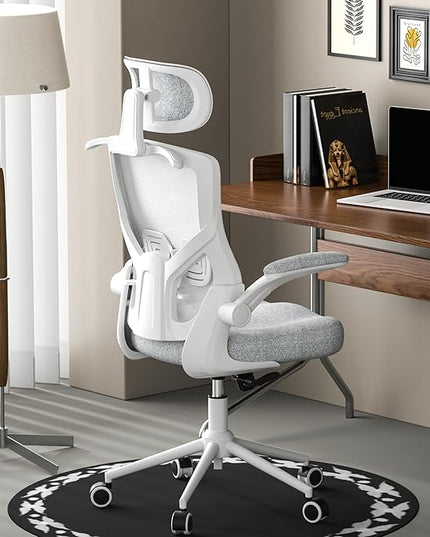 Ergonomic Office Chair, High Back Mesh Desk Chair with Thick Molded Foam Cushion, Coat Hanger, Adjustable Headrest, Lumbar Support, Tilt & Lock Function - Computer Chair (Light Grey) - LeafyLoom