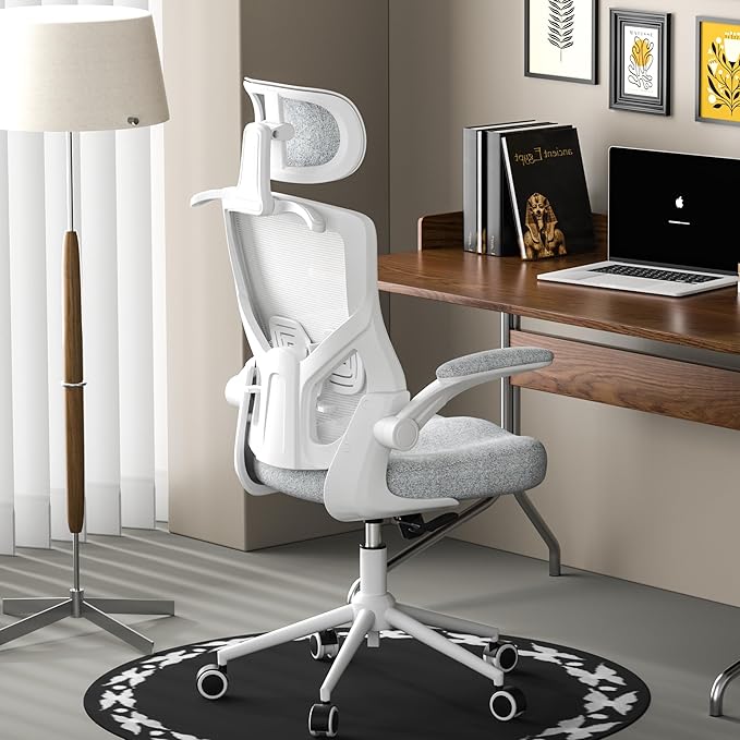 Ergonomic Office Chair, High Back Mesh Desk Chair with Thick Molded Foam Cushion, Coat Hanger, Adjustable Headrest, Lumbar Support, Tilt & Lock Function - Computer Chair (Light Grey) - LeafyLoom