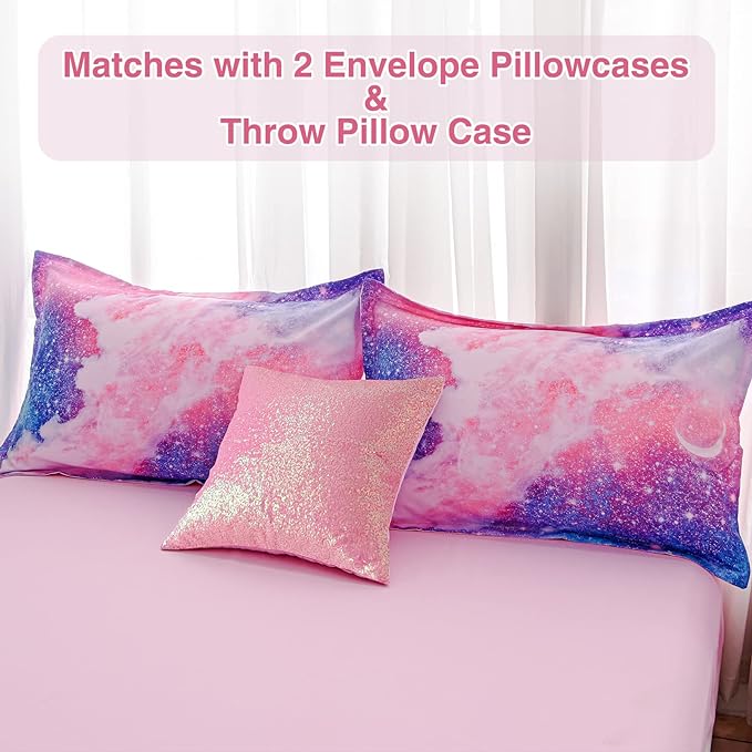 A Nice Night Galaxy Bedding Sets Outer Space Comforter 3D Printed Space Quilt Set Twin 6Pcs Glitter Pink,for Children Boy Girl Teen Kids - LeafyLoom