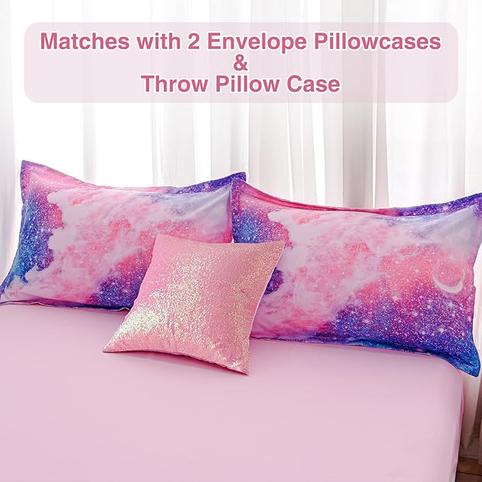 A Nice Night Galaxy Bedding Sets Outer Space Comforter 3D Printed Space Quilt Set Full 6Pcs Glitter Pink,for Children Boy Girl Teen Kids - LeafyLoom