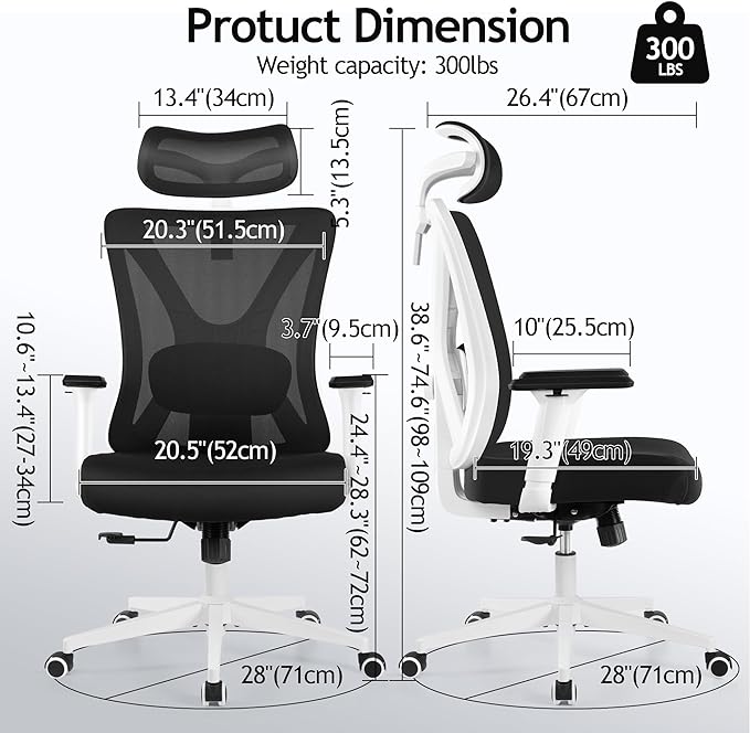 KERDOM Ergonomic Office Chair Desk Chair Comfortable Mesh Gaming Computer Swivel Rolling Chair, High Back Office Chair with Wheels, Headrest, 3D Armrest and Lumbar Support Home Office Desk Chair White - LeafyLoom