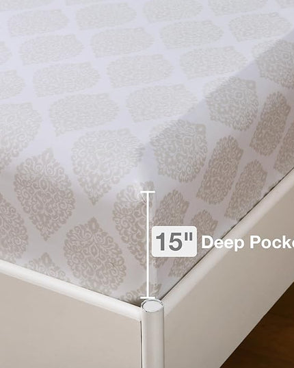 Printed King Bedding Sets with Comforter and Sheets, 7 Piece Bed in A Bag Comforter Set with Fluffy Microfiber, Light Gold Leaf Floral Pattern - LeafyLoom