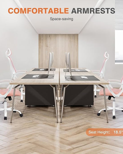 Sweetcrispy Office Computer Desk Chair, Ergonomic High-Back Mesh Rolling Work Chairs with Wheels and Adjustable Headrests, Comfortable Lumbar Support, Comfy Armrest for Home, Bedroom, Study, Pink - LeafyLoom