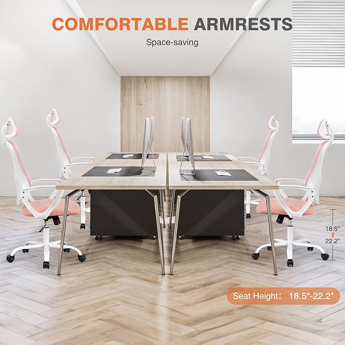 Sweetcrispy Office Computer Desk Chair, Ergonomic High-Back Mesh Rolling Work Chairs with Wheels and Adjustable Headrests, Comfortable Lumbar Support, Comfy Armrest for Home, Bedroom, Study, Pink - LeafyLoom