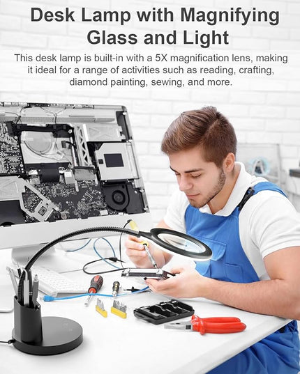 Sailstar Magnifying Glass with Light, 5X Magnifying Lamp, 3 Color Modes Lighted Magnifying Glass, LED Desk Lamp, Pen Holder, Flexible, 800LM, CRI 90, Magnifier with Light for Crafts Close Work, Black - LeafyLoom