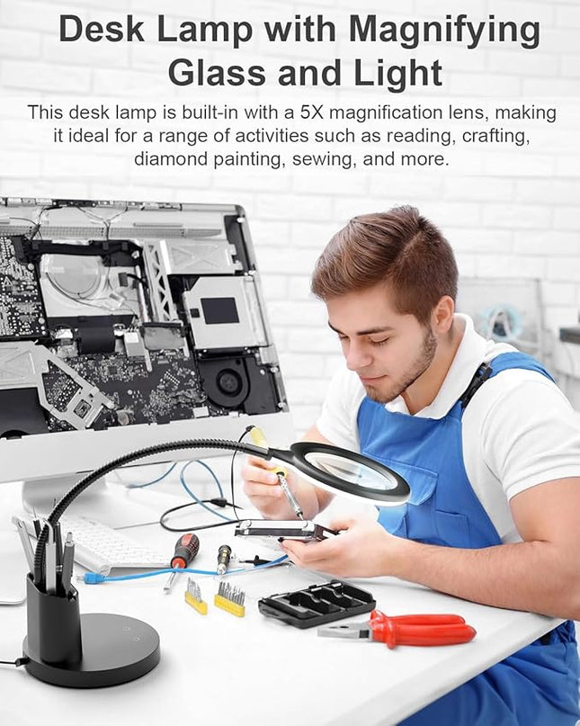 Sailstar Magnifying Glass with Light, 5X Magnifying Lamp, 3 Color Modes Lighted Magnifying Glass, LED Desk Lamp, Pen Holder, Flexible, 800LM, CRI 90, Magnifier with Light for Crafts Close Work, Black - LeafyLoom