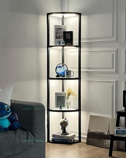 FENLO Fantasy Edge Pro - 66" Glass LED Corner Shelf Lamp with Adjustable Color Range (2700K-6000k), Dimmable Corner Floor Lamp with Shelves, Remote/App Control, On/Off Light Timer - LeafyLoom