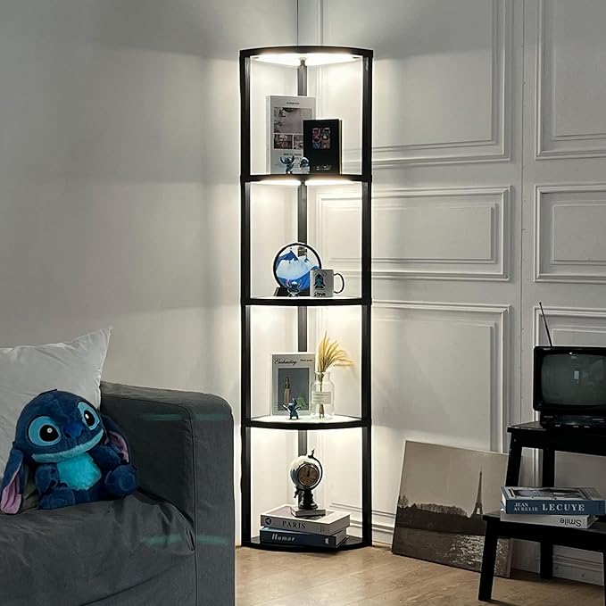 FENLO Fantasy Edge Pro - 66" Glass LED Corner Shelf Lamp with Adjustable Color Range (2700K-6000k), Dimmable Corner Floor Lamp with Shelves, Remote/App Control, On/Off Light Timer - LeafyLoom