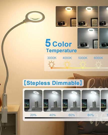 26" Gooseneck Magnifying Lamp with Clamp, 5 Color Modes Stepless Dimmable LED Desk Light with Magnifying Glass, 10X Real Glass Lighted Magnifier Hands Free for Painting Close Work Craft Hobby - LeafyLoom