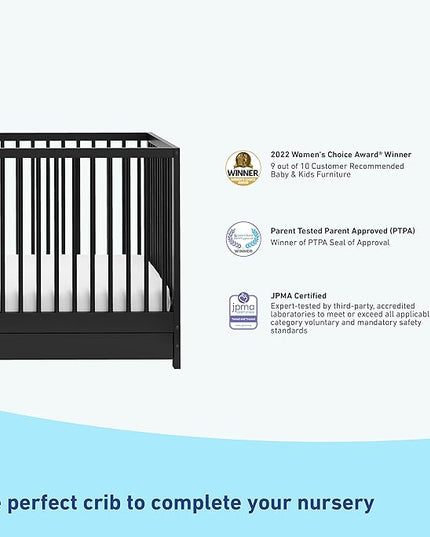 Graco Teddi 5-in-1 Convertible Crib with Drawer (Black) – GREENGUARD Gold Certified, Crib with Drawer Combo, Full-Size Nursery Storage Drawer, Converts to Toddler Bed, Daybed and Full-Size Bed - LeafyLoom