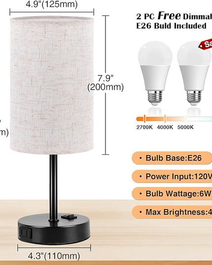 ZJOJO Table Lamp for Bedroom, Bedside Table Lamps Set of 2, Small Lamp with 3 Way Dimmable Desk Lamp Using Rocker Switch, Nightstand Lamp with AC Outlets for Living Room Home Decor - LeafyLoom