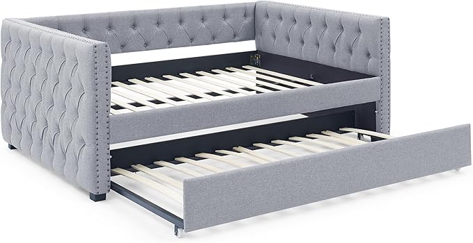 Linen Upholstered Full Size Daybed with Twin Trundle, Solid Wooden Bed Frame w/Button Tufted and Copper Nail on Square Arms, No Spring Box Need, for Kids, Bedroom, Dorm - LeafyLoom
