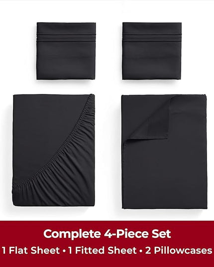 Mellanni Twin XL Sheets Set - 4 Piece Iconic Collection Bedding Sheets & Pillowcases - Soft, Cooling Bed Sheets - Deep Pocket up to 16 inch - 4 PC (Twin Extra Long, Black w/Extra Pillow Case) - LeafyLoom