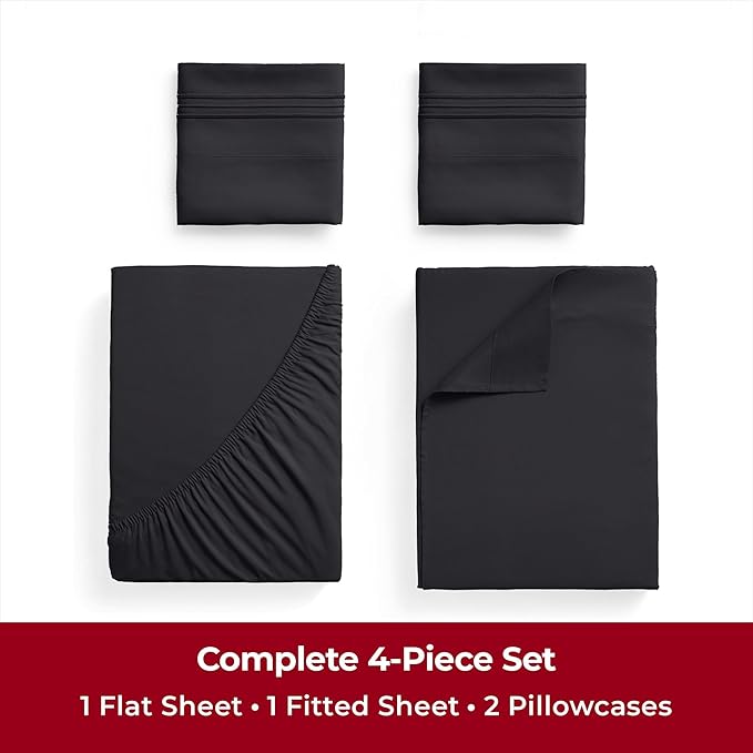 Mellanni Twin Sheets Set - 4 Piece Iconic Collection Bedding Sheets & Pillowcases - Luxury, Ultra Soft, Cooling Bed Sheets - Deep Pocket up to 16 inch - 4 PC (Twin, Black w/Extra Pillow Case) - LeafyLoom