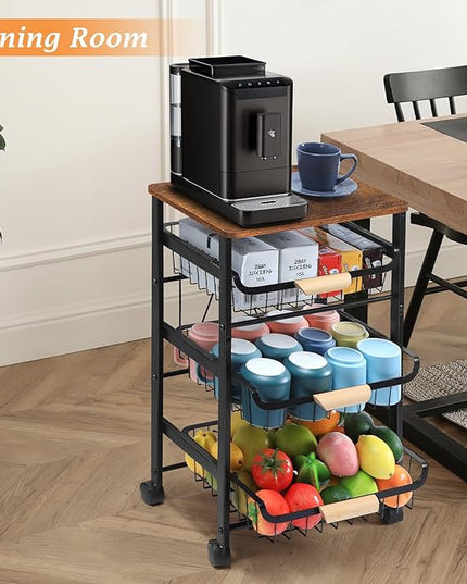 HEOMU Rolling Storage Cart, 4 Tier Kitchen Island Cart on Wheels with Pull-Out Baskets and Wood Top, Vegetable and Fruit Basket Stand for Kitchen, Living Room, Dining Room, Black - LeafyLoom