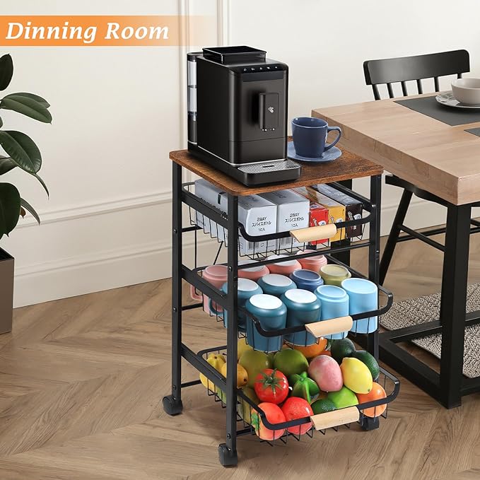 HEOMU Rolling Storage Cart, 4 Tier Kitchen Island Cart on Wheels with Pull-Out Baskets and Wood Top, Vegetable and Fruit Basket Stand for Kitchen, Living Room, Dining Room, Black - LeafyLoom