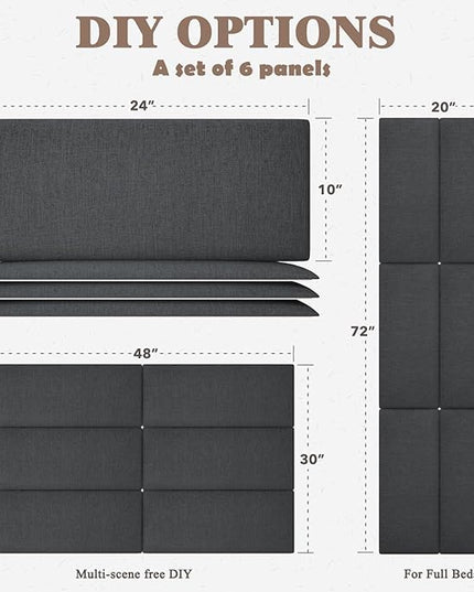 Twin Full Headboard, Wall Mounted Peel and Stick Headboard, Upholstered Tufted Bed Headboard for Twin Size Bed, Floating Dorm Bedroom Tall Headboard Soundproof Wall Panels (6 Panels, 10"x24") - LeafyLoom
