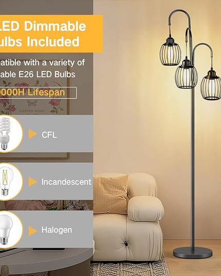 OUTON Dimmable Industrial Floor Lamps for Living Room, Standing Tall Lamps with 3 Arc Hanging Iron Wire Cage Heads & 3 LED Edison Bulbs, Rustic Tree Floor Lights for Farmhouse, Bedroom, Office, Black - LeafyLoom