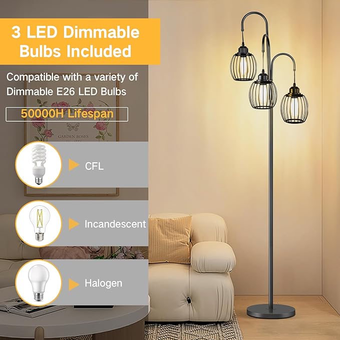 OUTON Dimmable Industrial Floor Lamps for Living Room, Standing Tall Lamps with 3 Arc Hanging Iron Wire Cage Heads & 3 LED Edison Bulbs, Rustic Tree Floor Lights for Farmhouse, Bedroom, Office, Black - LeafyLoom