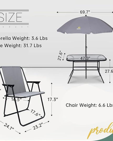Nice C Outdoor Dining Sets, Patio Furniture Set, 8 Piece Set with Umbrella, Garden Outdoor Furniture Table Set with Tilted Removable Umbrella, Glass Table, and 6 Folding Chairs (Grey) - LeafyLoom