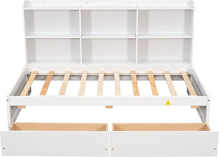 Twin Size Platform 2 Storage Drawers and Side Bookcase, Solid Wood Day Captain, Ideal Bed Frame for Bedroom, Living Room, White - LeafyLoom