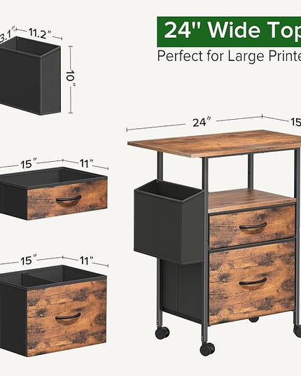 Mobile File Cabinet, 2 Fabric Drawer Filing Cabinet with Side Bag, Rolling Storage Organizer for Home Office, Vertical Printer Stand, Fits A4/Letter Size (Rustic Brown) - LeafyLoom