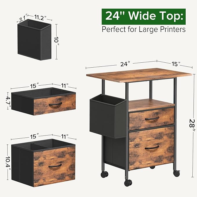 Mobile File Cabinet, 2 Fabric Drawer Filing Cabinet with Side Bag, Rolling Storage Organizer for Home Office, Vertical Printer Stand, Fits A4/Letter Size (Rustic Brown) - LeafyLoom