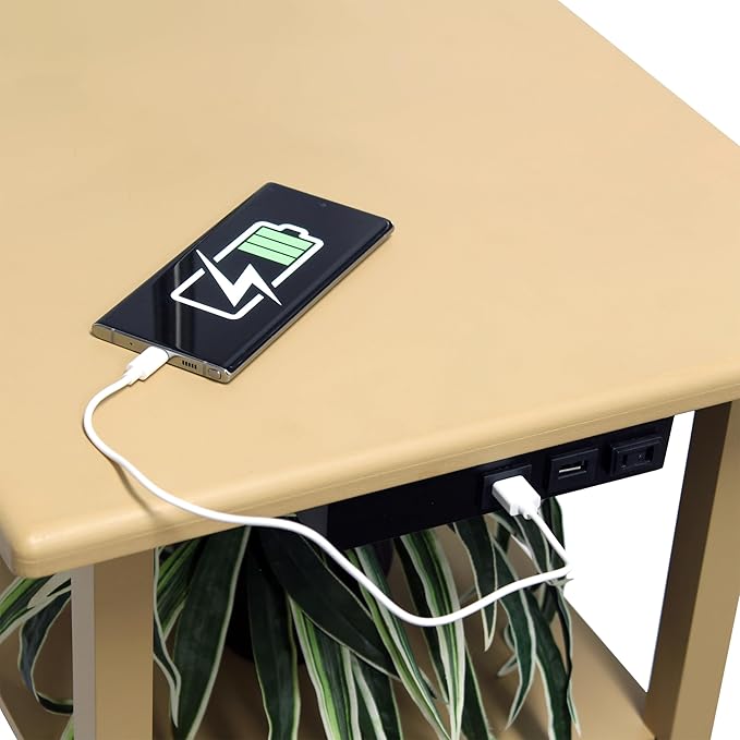 Simple Designs LF2016-TAN 57" Modern 2 Tier End Table Floor Lamp Combination with 2 x USB Charging Ports & Power Outlet with White Drum Fabric Shade for Bedroom, Living Room, Office, Tan - LeafyLoom