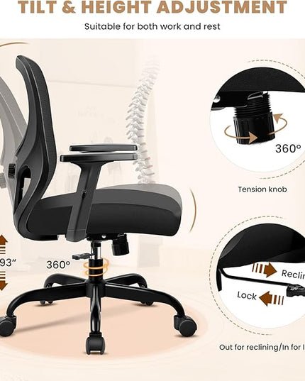 Office Chair Ergonomic Desk Chair with Adjustable Lumbar Support, Swivel Comfy Computer Chair Heavy Duty Executive Chair for Home Office - LeafyLoom