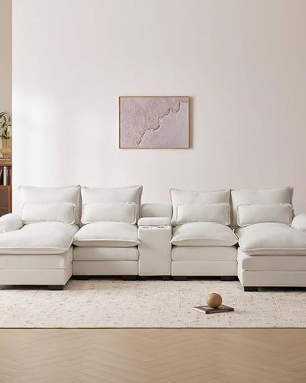 U Shaped Modular Sectional Sofa Deep Seat Oversized Symmetrical Corner Couch with Console,Cupholders and USB Ports, 6 Seater Velvet Upholstered Corner Sofa&Couches with Double Chaise Lounge - LeafyLoom