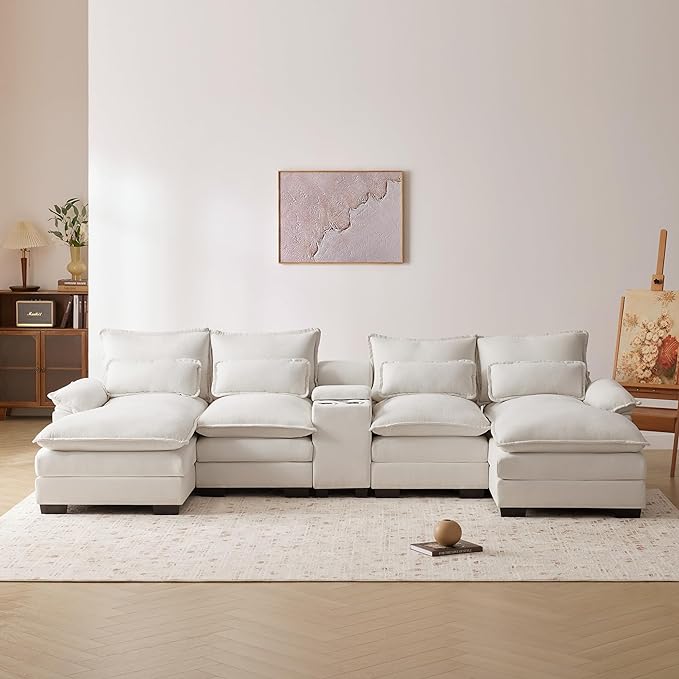 U Shaped Modular Sectional Sofa Deep Seat Oversized Symmetrical Corner Couch with Console,Cupholders and USB Ports, 6 Seater Velvet Upholstered Corner Sofa&Couches with Double Chaise Lounge - LeafyLoom