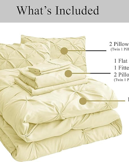 LANE LINEN Queen Comforter Set – 7 Piece Bed in a Bag – Pinch Pleated Queen Size Bedding Set with Comforter, Flat Sheet, Fitted Sheet, 2 Pillowcases & 2 Shams – Soft Pintuck Bed Set – Vanilla - LeafyLoom