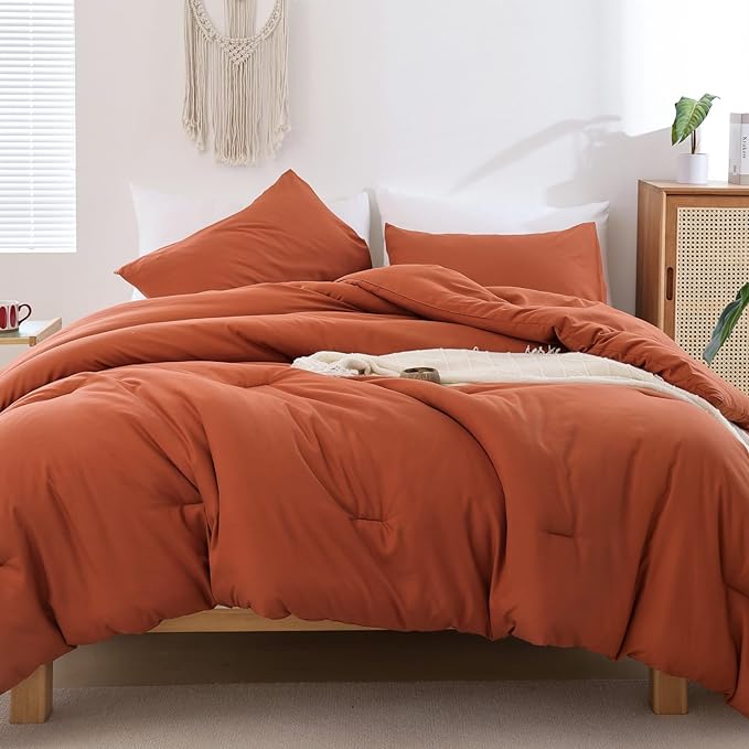 ROSGONIA California King Comforter Set Burnt Orange,3pcs(1 Boho Terracotta Cal King Comforter & 2 Pillowcases),All Season Rust Blanket Quilt Oversized - LeafyLoom