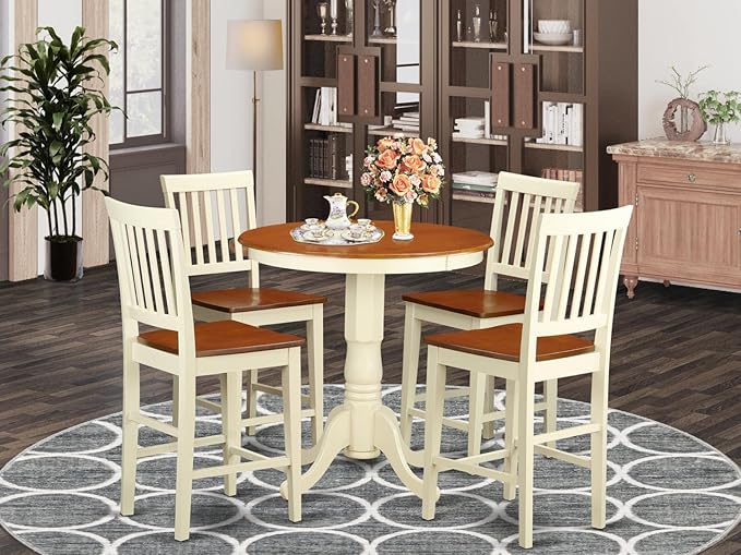 East West Furniture EDVN5-WHI-W Eden 5 Piece Kitchen Counter Height Set Includes a Round Wooden Table with Pedestal and 4 Dining Chairs, 30x30 Inch - LeafyLoom