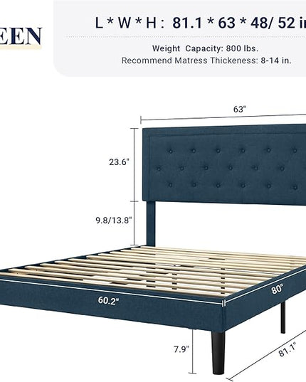Allewie Queen Size Bed Frame Upholstered Platform Bed with Adjustable Headboard, Button Tufted, Wood Slat Support, Easy Assembly, Blue - LeafyLoom