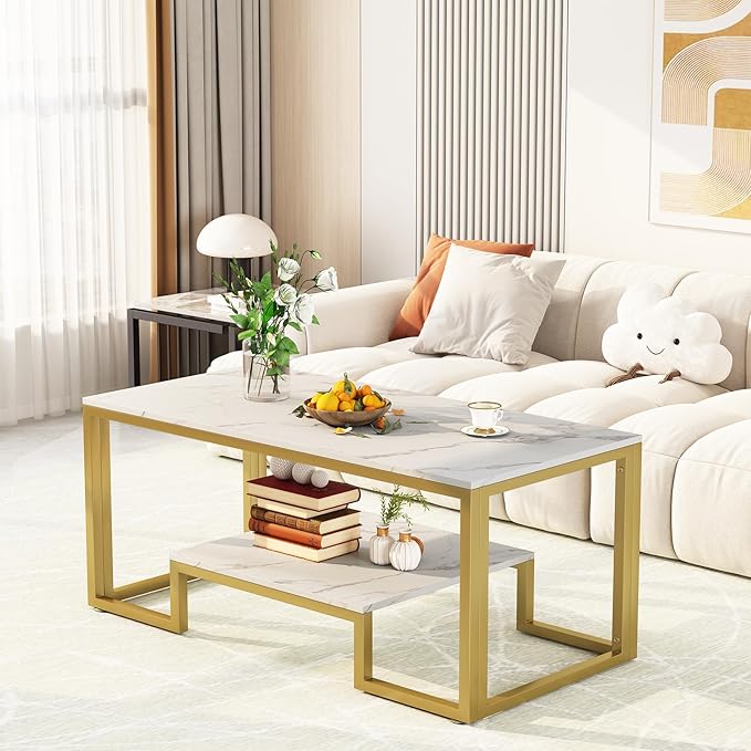 Coffee Table White Faux Marble Coffee Table for Living Room,2 Tiers Rectangle Center Table with Sturdy Metal Frame,Modern Marble Living RoomTable Accent Table for Bedroom Home Office - LeafyLoom