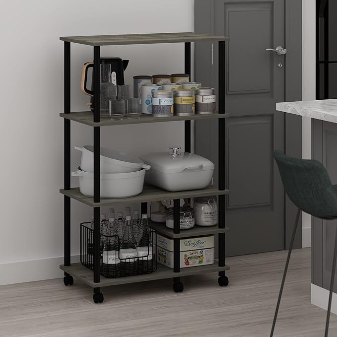 Furinno Turn-N-Tube 4-Tier Toolless Kitchen Storage Shelf Cart, French Oak Grey/Black - LeafyLoom