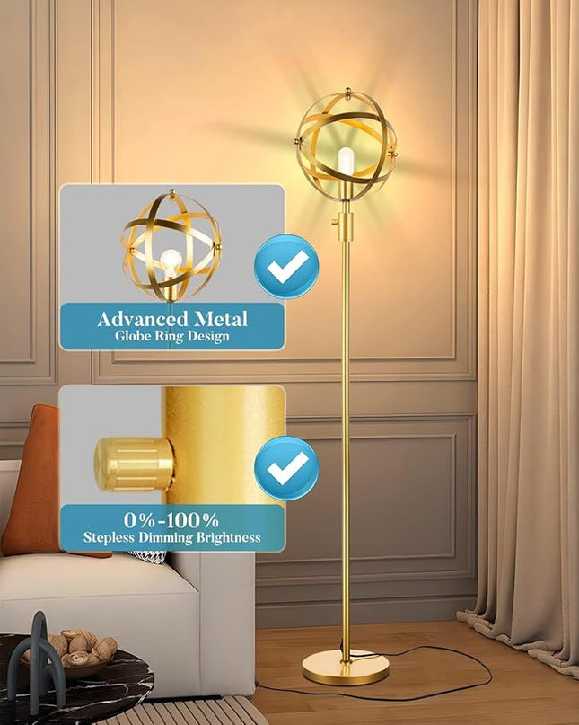 Lightdot 65IN Dimmable (Brightness Adjustable) Industrial Floor Lamp, Gold Spherical Standing Lamp with 3000K E26 LED Bulb, Unique Farmhouse Tall Lamp for Living Room Bedroom Sofa Coner - LeafyLoom