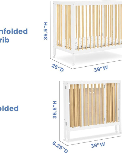 Delta Children Mia Portable Folding Mini Crib with 1.5-Inch Mattress - Greenguard Gold Certified, Bianca White/Natural - LeafyLoom