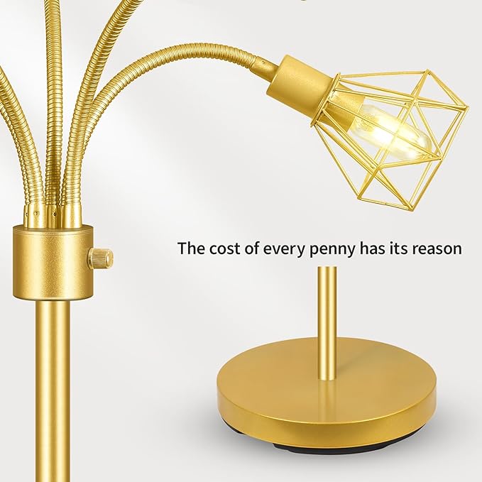 Gold Floor Lamp,Industrial Floor Lamps for Living Room,Tree Standing Lamp Bright with 5 Charm Diamond Head 2000 Lumens LED Bulbs,3 Way Switch,Modern Stand up Lamp for Bedroom Office Farmhouse - LeafyLoom