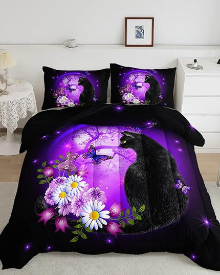 Black Cat Bedding Cartoon Cat Comforter Set Queen,Daisy Butterflies Printed Kids Bedding Set for Kids Boys Girls Adults Room Decor,Kids Comforter Set All Season,1 Quilt 2 Pillow Cases,Purple - LeafyLoom
