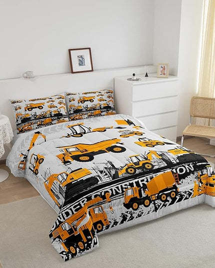 Feelyou Under Construction Comforter Set Vehicles Truck Car Bedding Set for Kids Boys Girls Cartoon Excavator Comforter Room Decor Machinery Bulldozer Crane Duvet Set King Size Boys - LeafyLoom