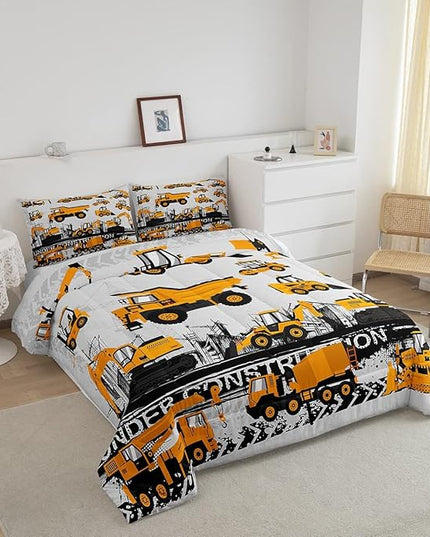 Feelyou Under Construction Comforter Set Vehicles Truck Car Bedding Set for Kids Boys Girls Children Cartoon Excavator Comforter Room Decor Machinery Bulldozer Crane Duvet Set Twin Size - LeafyLoom
