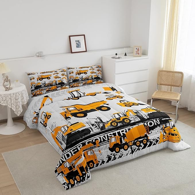 Feelyou Under Construction Comforter Set Vehicles Truck Car Bedding Set for Kids Boys Girls Children Cartoon Excavator Comforter Room Decor Machinery Bulldozer Crane Duvet Set Twin Size - LeafyLoom