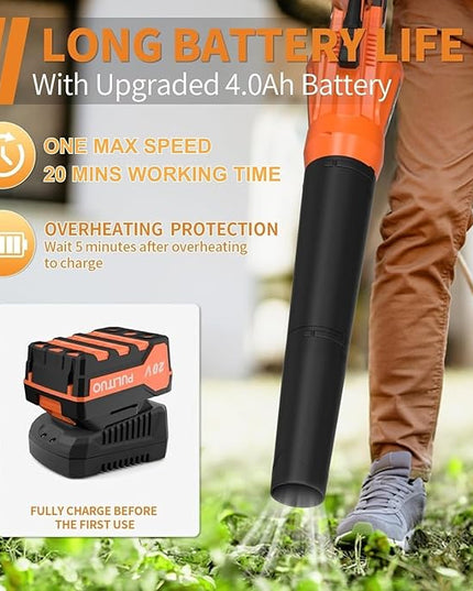 Leaf Blower 20V Leaf Blower Cordless with 4.0Ah Battery and Charger, High Power 400 CFM Electric Leaf Blower, Lightweight Handheld Cordless Blower for Lawn Care Yard Patio Garden Leaves Snow (Orange) - LeafyLoom