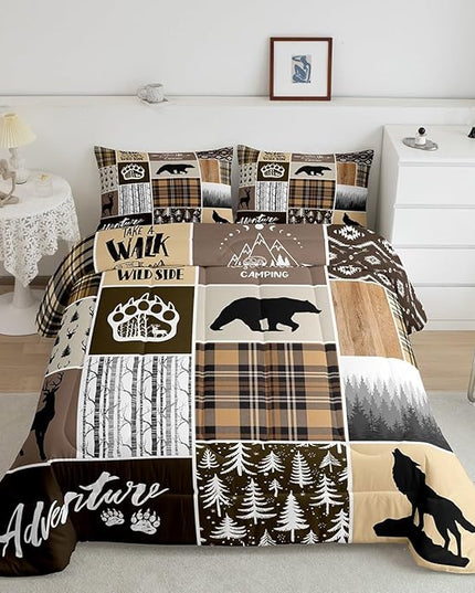 Rustic Farmhouse Kids Comforter Set Queen Size,Deer Antlers Bear Paws Plaids Patchwork Bedding Set for Boys Girls Adults Room Decor,Pine Trees Xmas Down Comforter,Brown Duvet Insert,2 Pillowcases - LeafyLoom