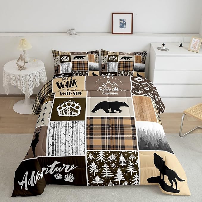 Rustic Farmhouse Kids Comforter Set Queen Size,Deer Antlers Bear Paws Plaids Patchwork Bedding Set for Boys Girls Adults Room Decor,Pine Trees Xmas Down Comforter,Brown Duvet Insert,2 Pillowcases - LeafyLoom
