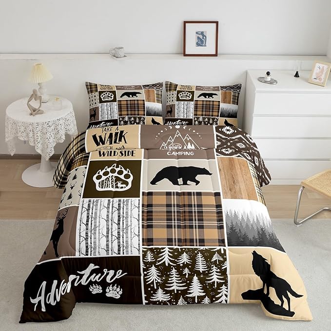 Rustic Farmhouse Kids Comforter Set King Size,Deer Antlers Bear Paws Plaids Patchwork Bedding Set for Boys Girls Adults Room Decor,Pine Trees Xmas Down Comforter,Brown Duvet Insert,2 Pillowcases - LeafyLoom